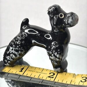 Poodle Dog figurine hand painted black with white Vintage ceramic 2” collectible